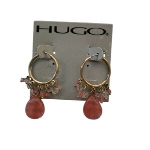 HUGO Gold Hoops with Pink Drops
